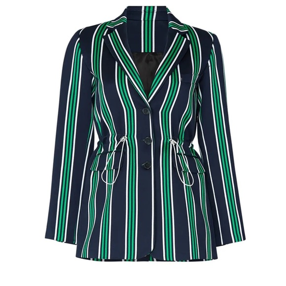 Victoria/Tomas Italian Designer Navy/Green Striped Cinched Waist Blazer Jacket - Picture 1 of 4